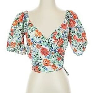 Sugarlips Floral Puff Sleeve Wrap Crop Top - Multicolor